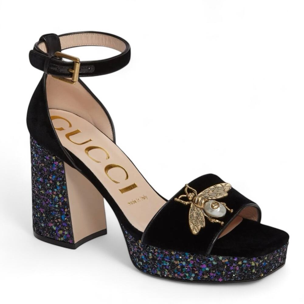 GUCCI Soko Glitter Bee Double G Platform Ankle Strap Heeled Sandals in Nero